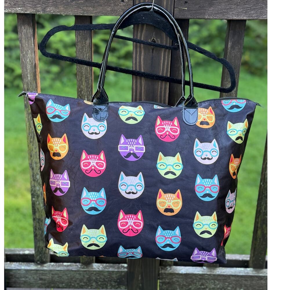 Whimsical Colorful Cat Print Large Tote Bag